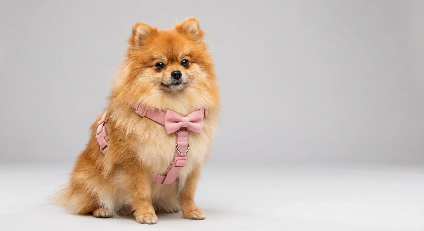 포메라니안가 핑크 스텝인 (보우) 하네스를 착용한 AI 합성 결과